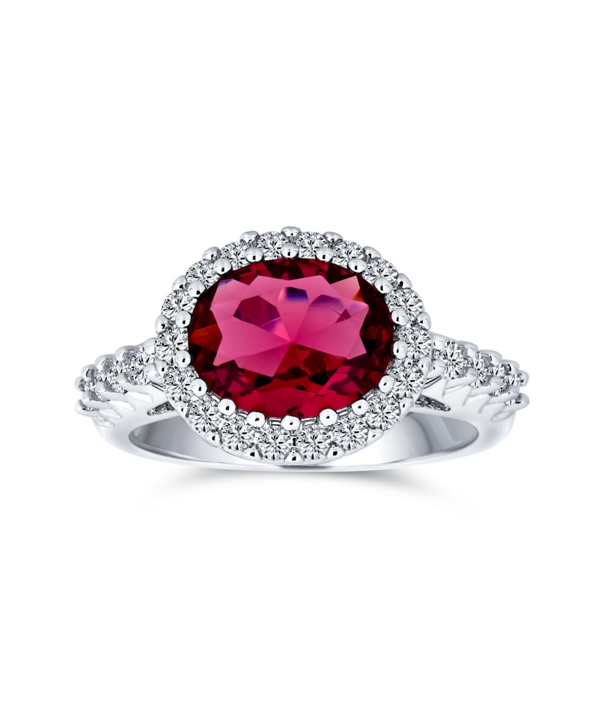 Bling Jewelry 3CT Oval SolitaireCubic Zirconia Cz PaveStatement Fashion Ring For Women Rhodium Plated Brass - Red