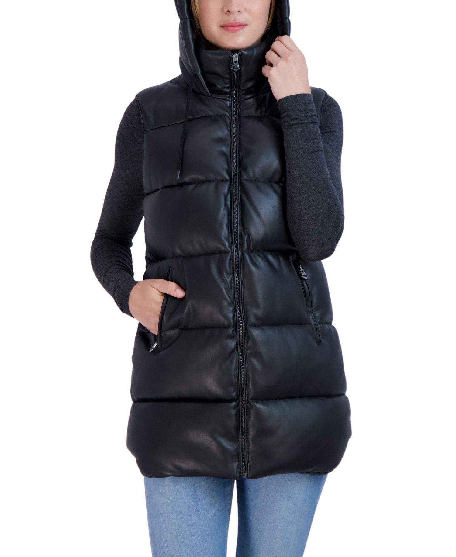 Women's Puffer Faux Leather Vest with Hood