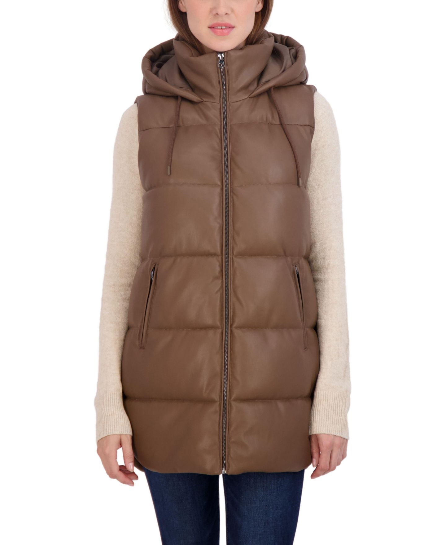 Женский жилет Sebby Collection Puffer Faux Leather Vest with Hood, цвет: Средний коричневый — фото 7