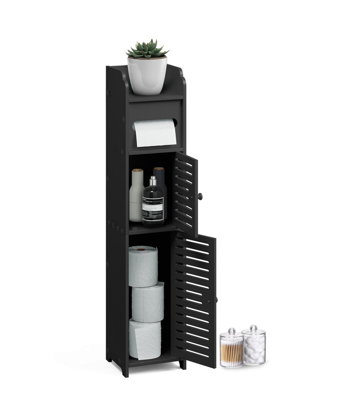 Narrow Bathroom Storage Cabinet & Organizer with 2 Doors & 3 Shelves - Black