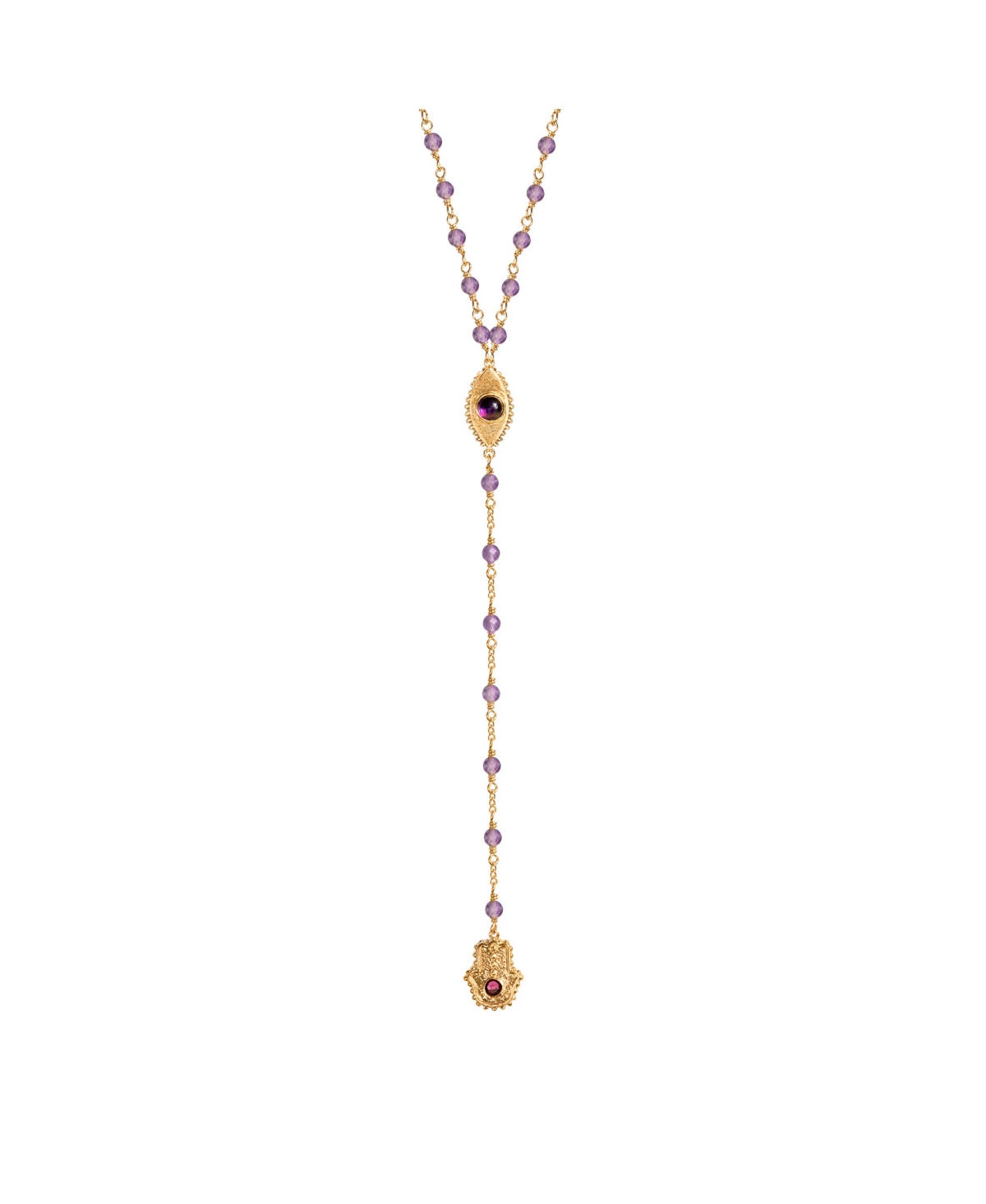 Peace of Spirit - Amethyst Evil Eye Hamsa Lariat Necklace - Gold/purple
