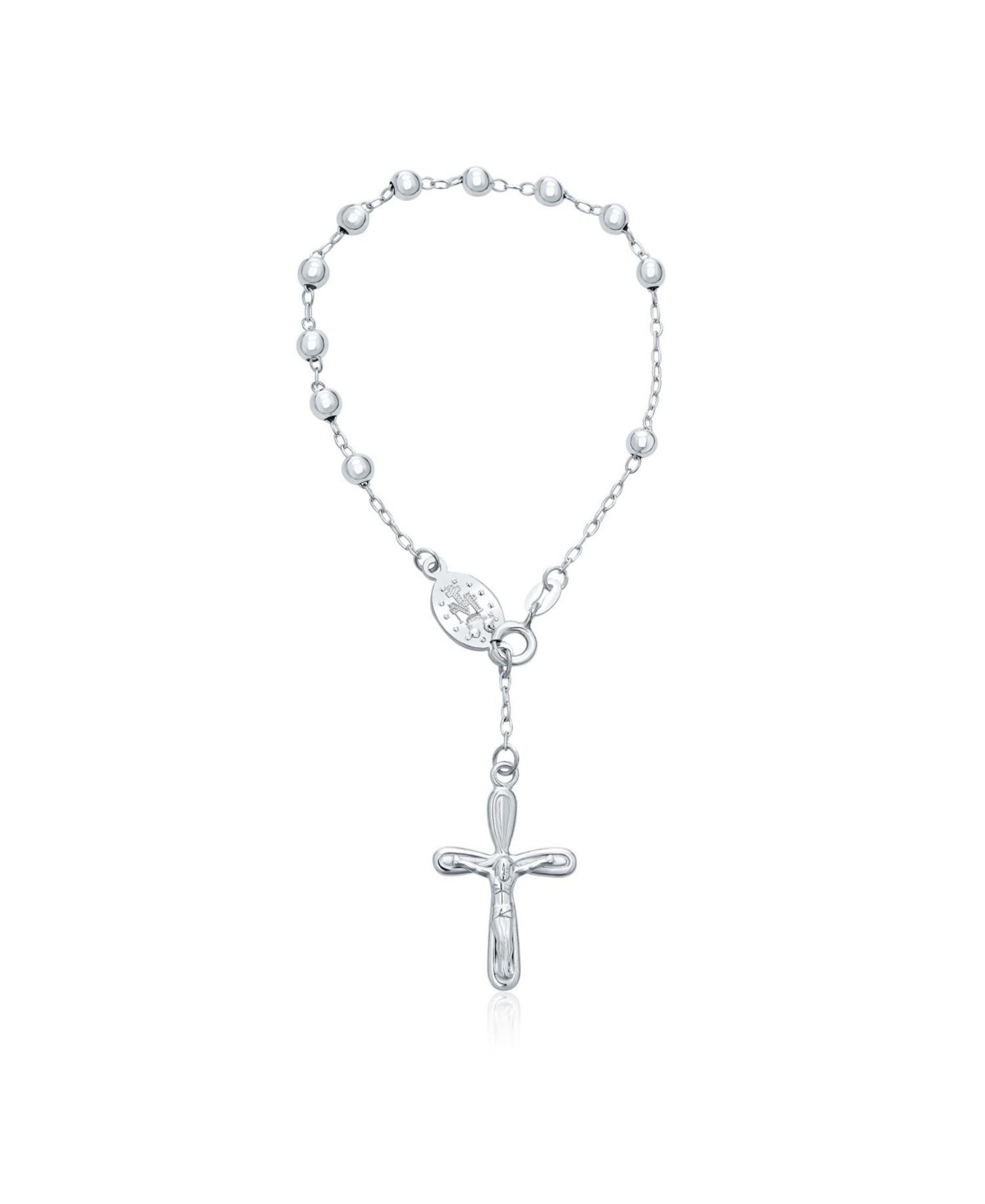 Religious Jesus Crucifix Infinity Cross Virgin Mary Rosary Prayer Beads .925 Sterling Silver Bracelet For Women Communion 3MM Bead 6.5 I