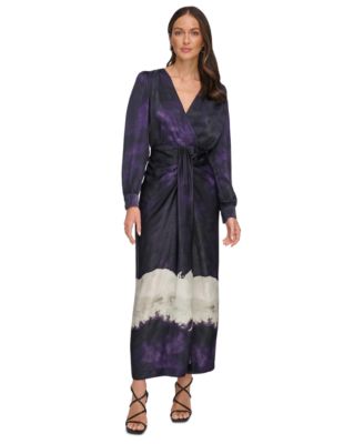 DKNY - Women's Long-Sleeve Printed V-Neck Maxi Dress