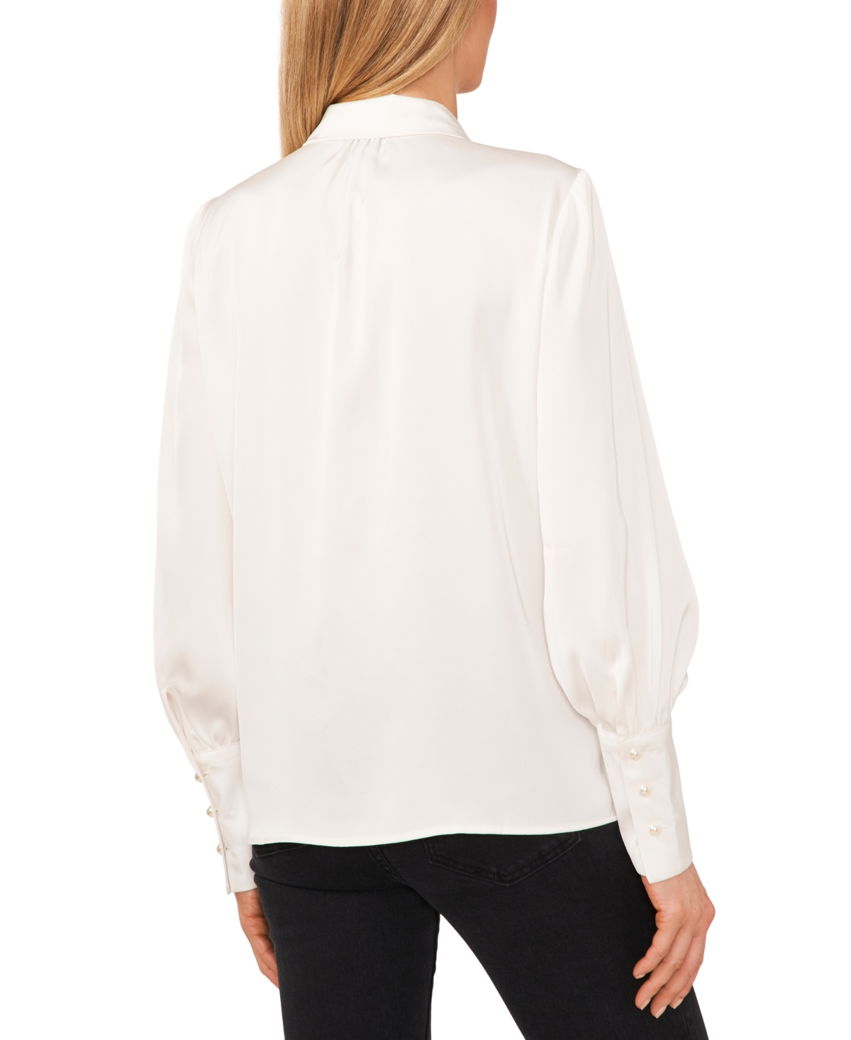 Cece Women's Luxe Satin Imitation Pearl Button Down Blouse In Soft Ecru