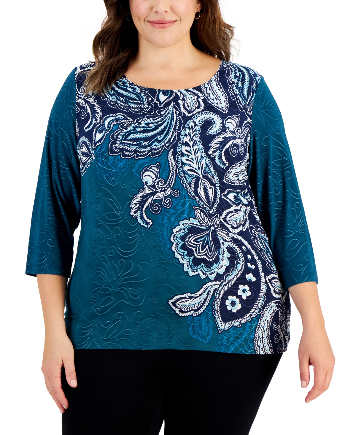 Jm Collection Plus Size Paisley Print Jacquard 3/4-sleeve Top, Created For Macy's In Teal Evergreen Combo