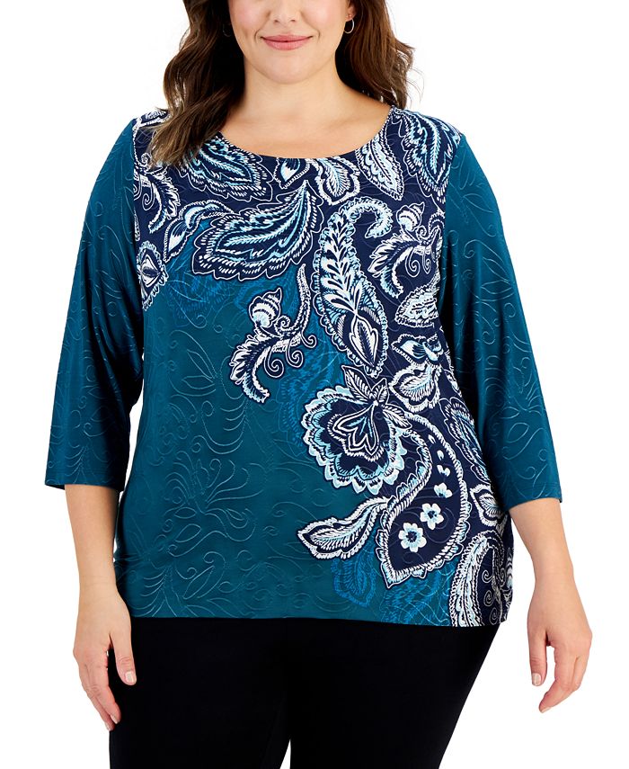 JM Collection Plus Size Paisley Print Jacquard 3/4-Sleeve Top, Created ...
