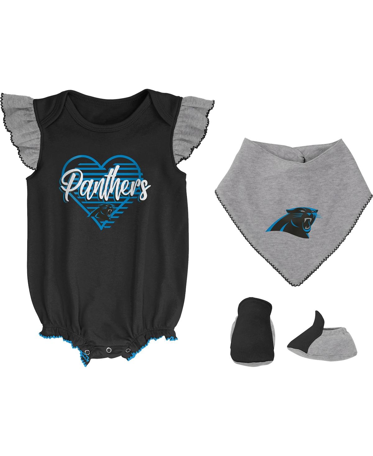 Shop Outerstuff Girls Newborn And Infant Black, Heathered Gray Carolina Panthers All The Love Bodysuit Bib And Booti In Black,heathered Gray