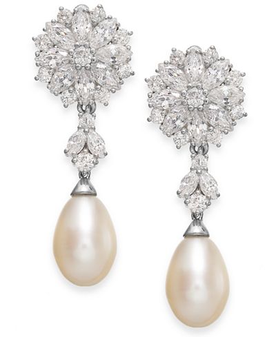 Arabella Cultured Freshwater Pearl and Swarovski Zirconia Drop Earrings ...