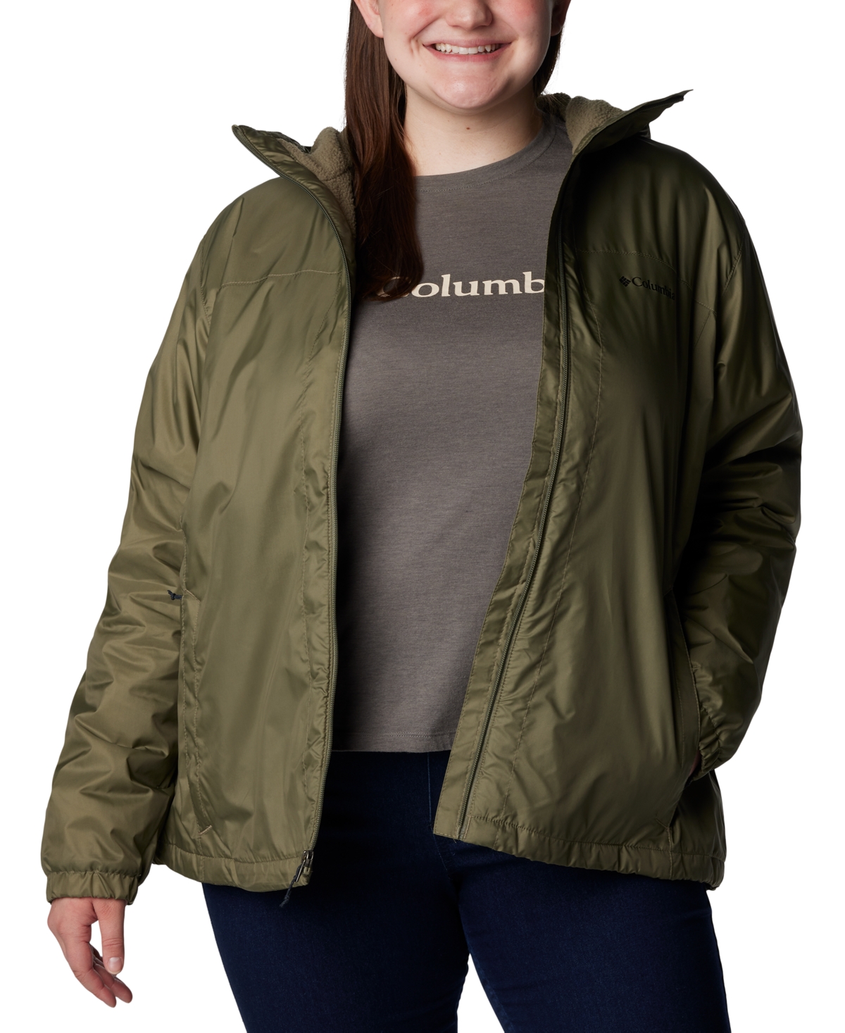 Columbia Plus Size Switchback Sherpa-lined Jacket In Stone Green