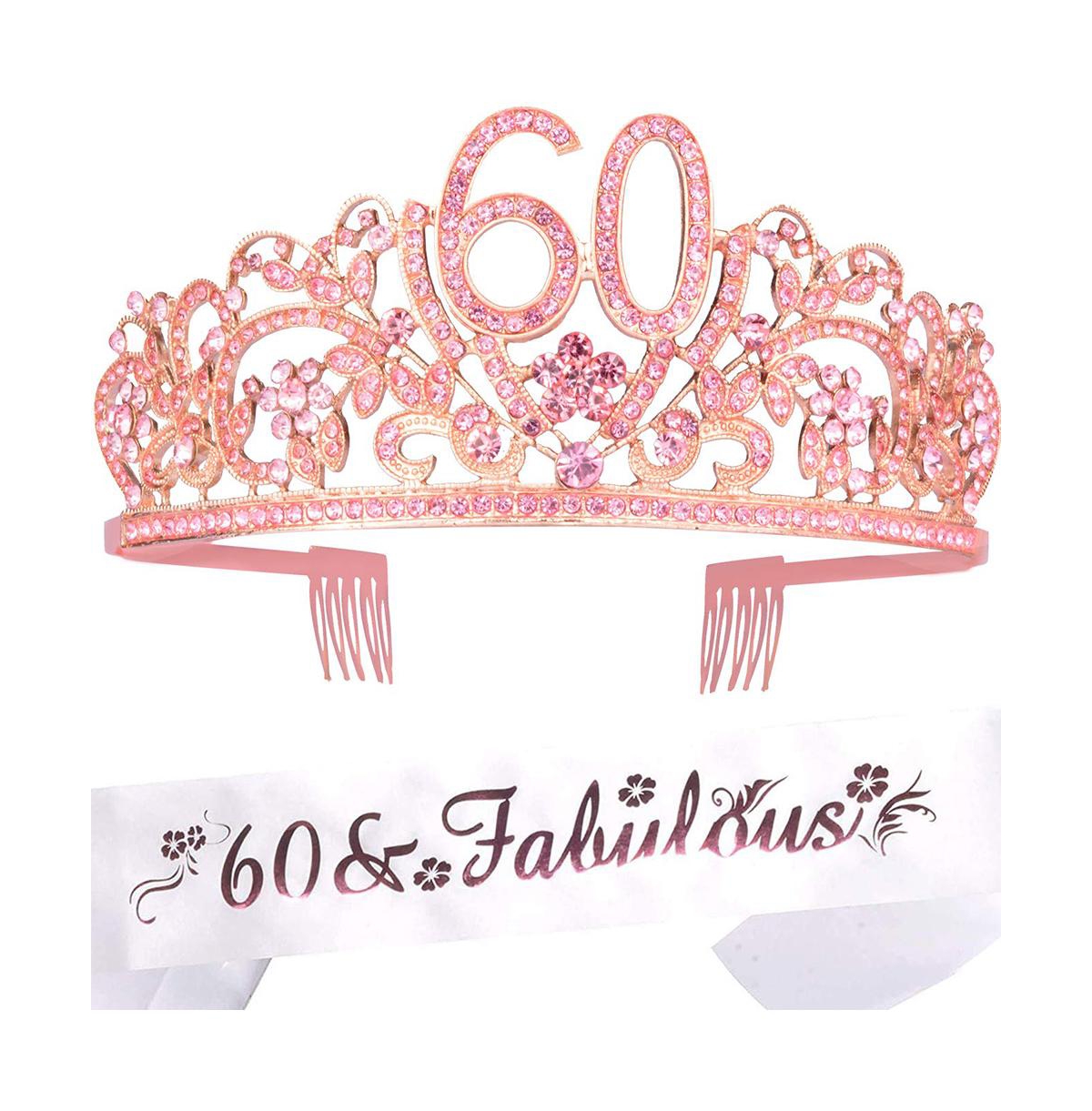 60th Birthday Sash and Tiara Set for Women - Glittery Sash with Floral Rhinestone Design and Pink Premium Metal Tiara, Perfect for 60th Birthday Party