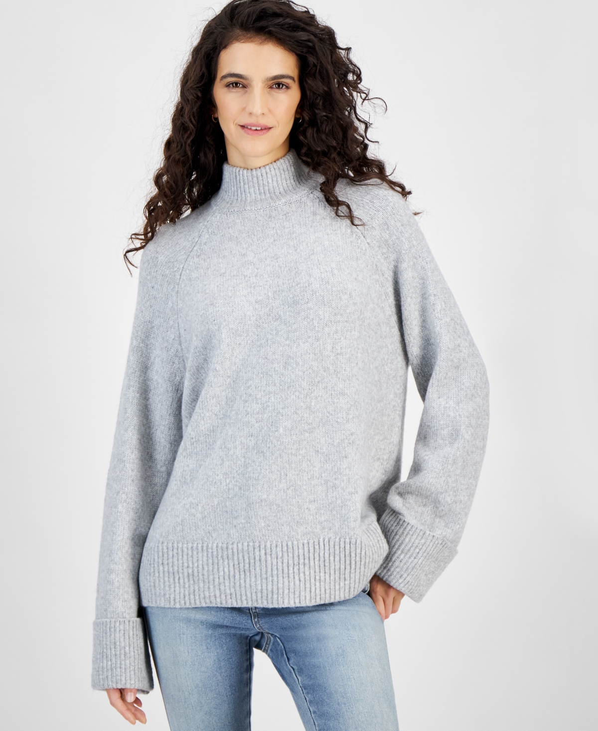 And Now This Women's Ribbed-trim Mockneck Sweater, Created For Macy's In Grey