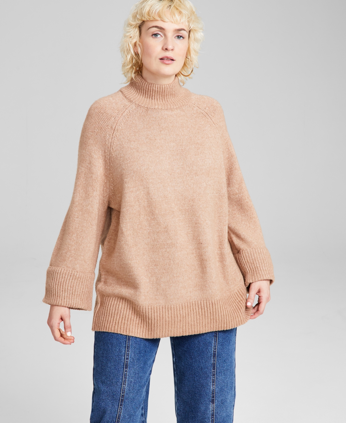 Women's Ribbed-Trim Mockneck Sweater, Created for Macy's - Almond
