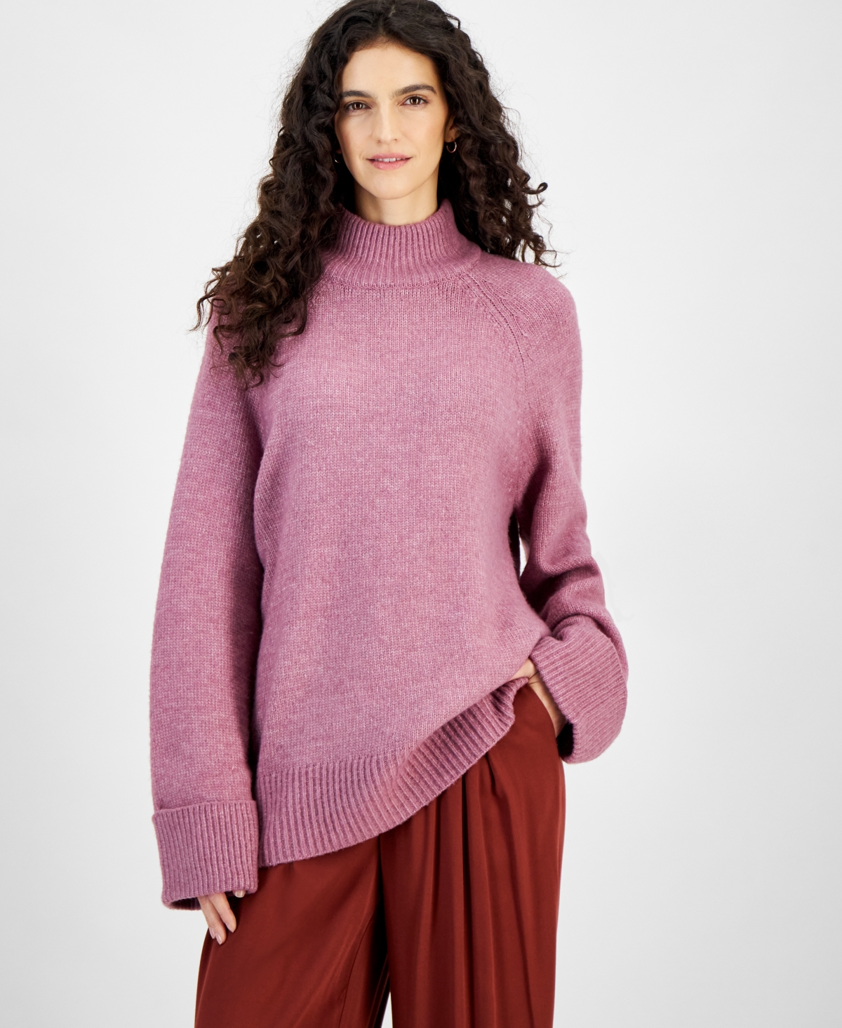 Women's Ribbed-Trim Mockneck Sweater, Created for Macy's - Saxifrage