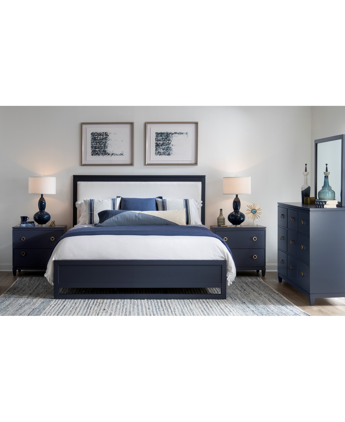 Shop Macy's Summerland 3pc Bedroom Set (california King Upholstered Bed, Dresser, Nightstand) In Blue