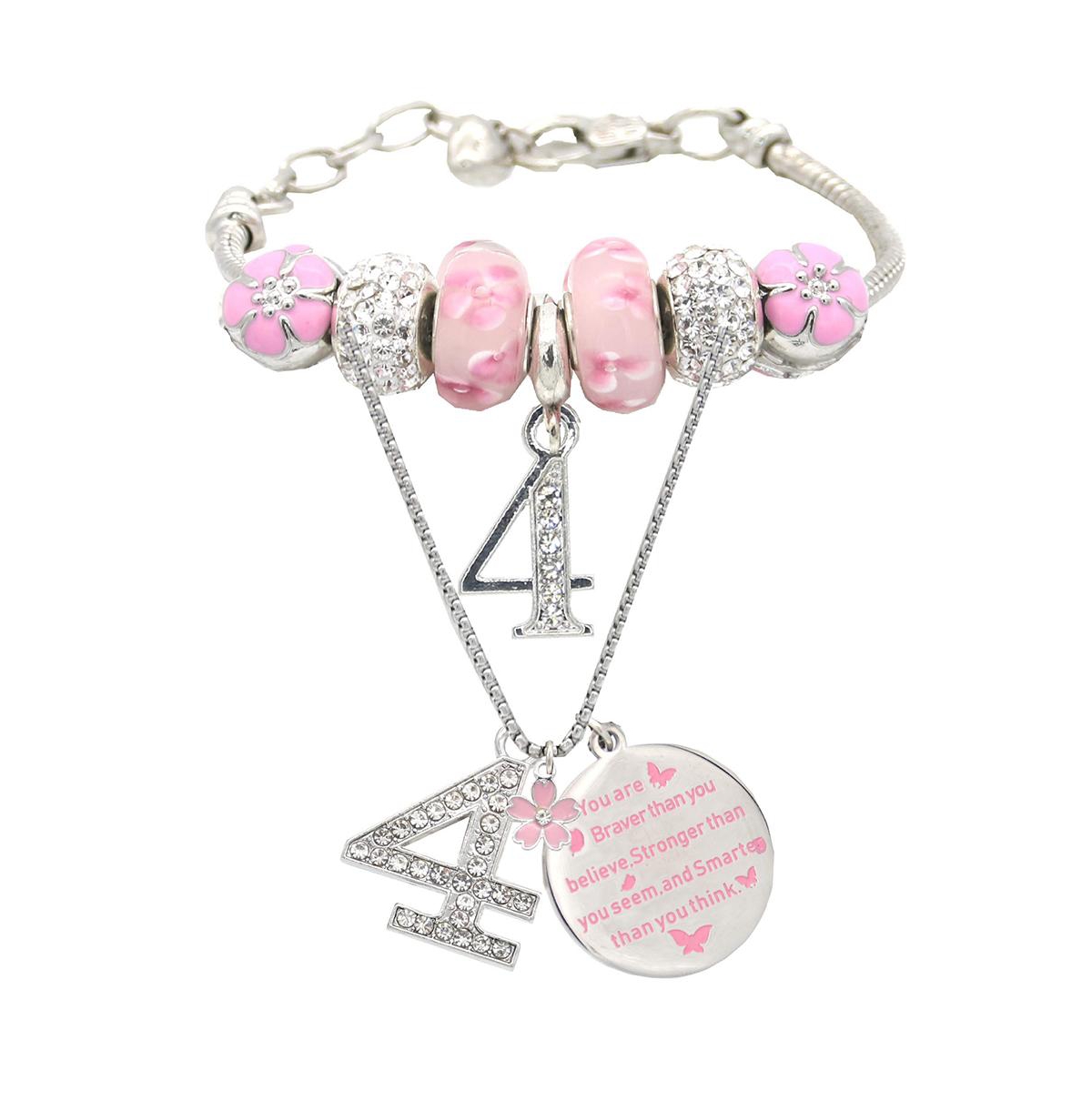 4th Birthday Gifts for Girls: Charm Bracelet, Necklace, Party Supplies, and Decorations Set - Perfect 4 Years Old Birthday Jewelry and Accessories - G