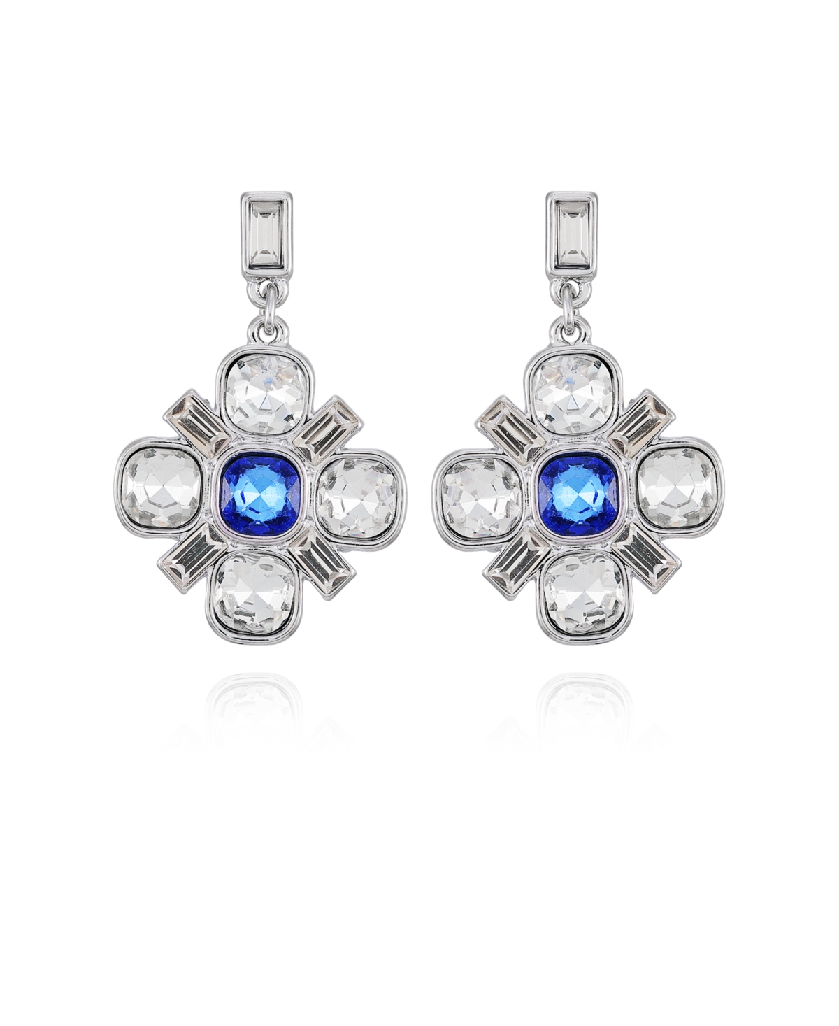 T Tahari Silver-tone Blue And Clear Glass Stone Flower Drop Earrings