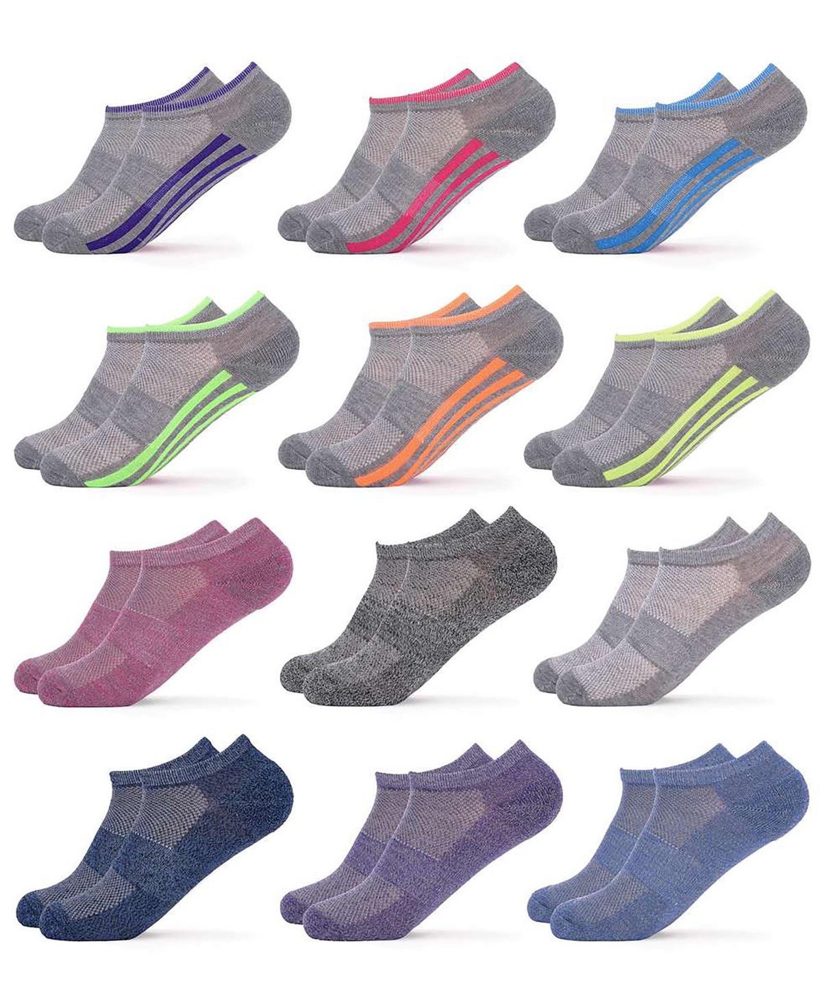 Women's No-Show Athletic Sport Socks 12 Pack - Neon/grey