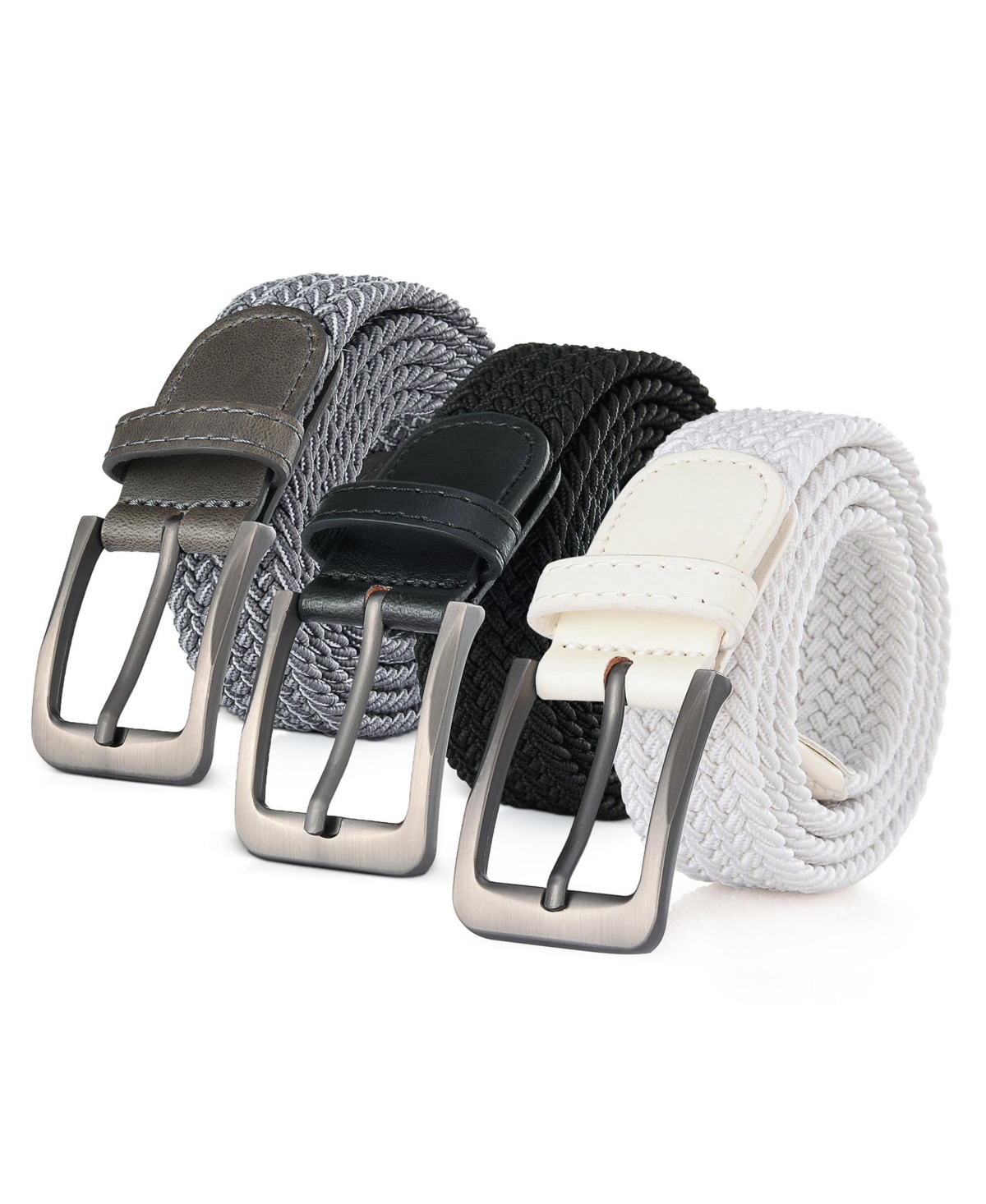 Men's Elastic Braided Stretch Belt for Big & Tall Pack of 3 - Gray/brown/navy