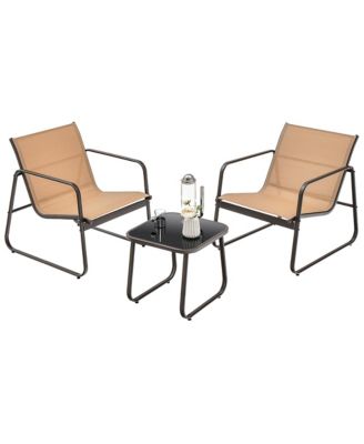 3 Pieces Patio Conversation Set Outdoor Metal Chair and Table Tempered Glass Top