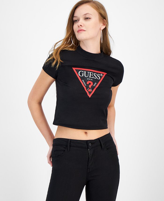 GUESS Women's Mock Neck Triangle Logo T-Shirt - Macy's