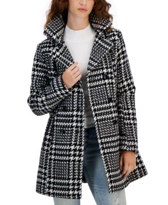 BCX - Juniors' Double-Breasted Plaid Long-Sleeve Coat