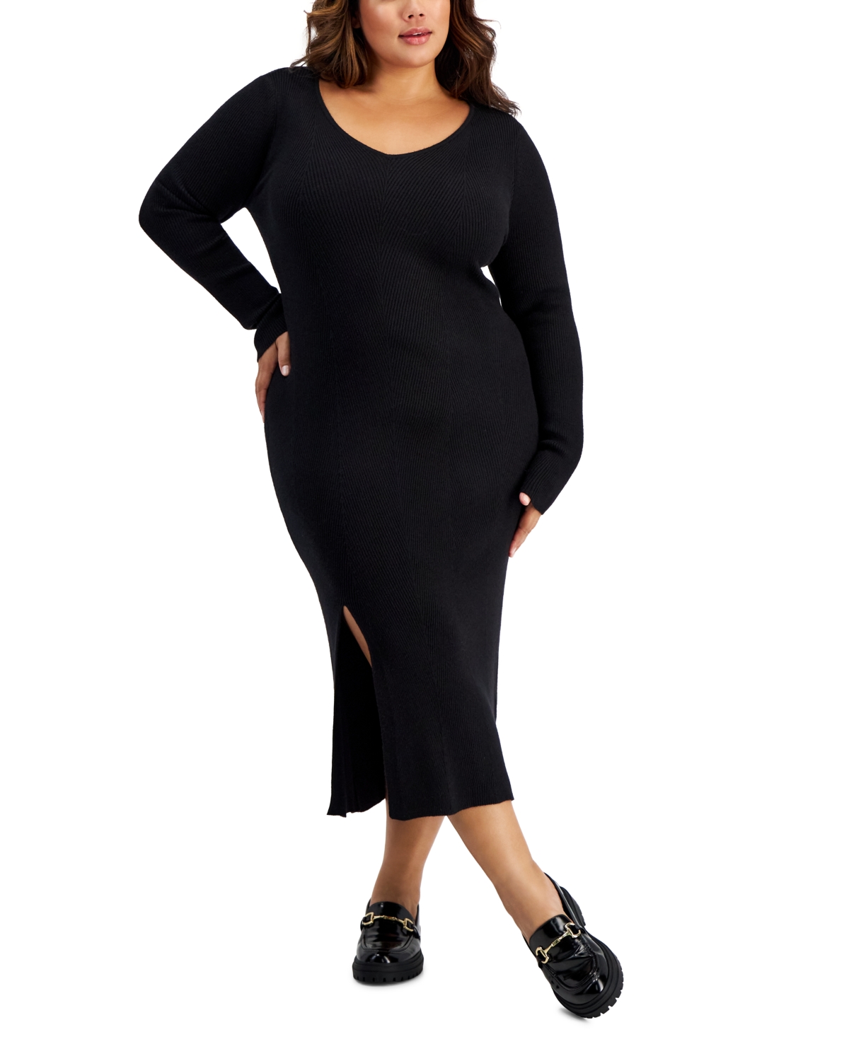 And Now This Trendy Plus Size V-neck Midi Sweater Dress In Black
