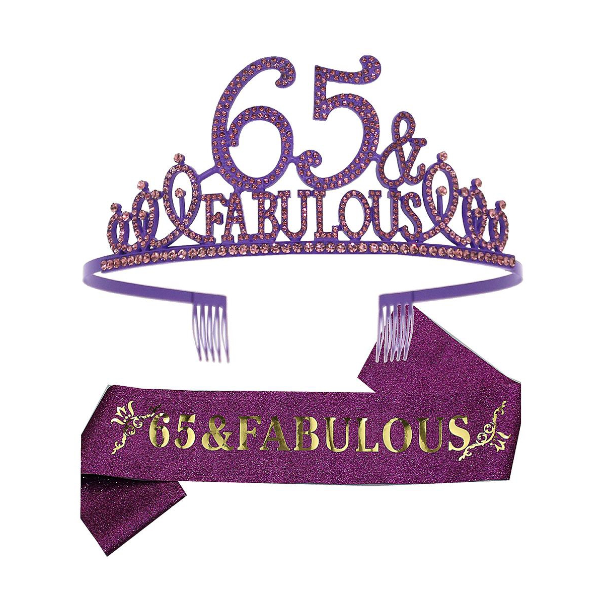 65th Birthday Sash and Tiara Set for Women - 65 and Fabulous Glitter Sash with Rhinestone Golden Tiara - Perfect for Celebration Decorations and Acces