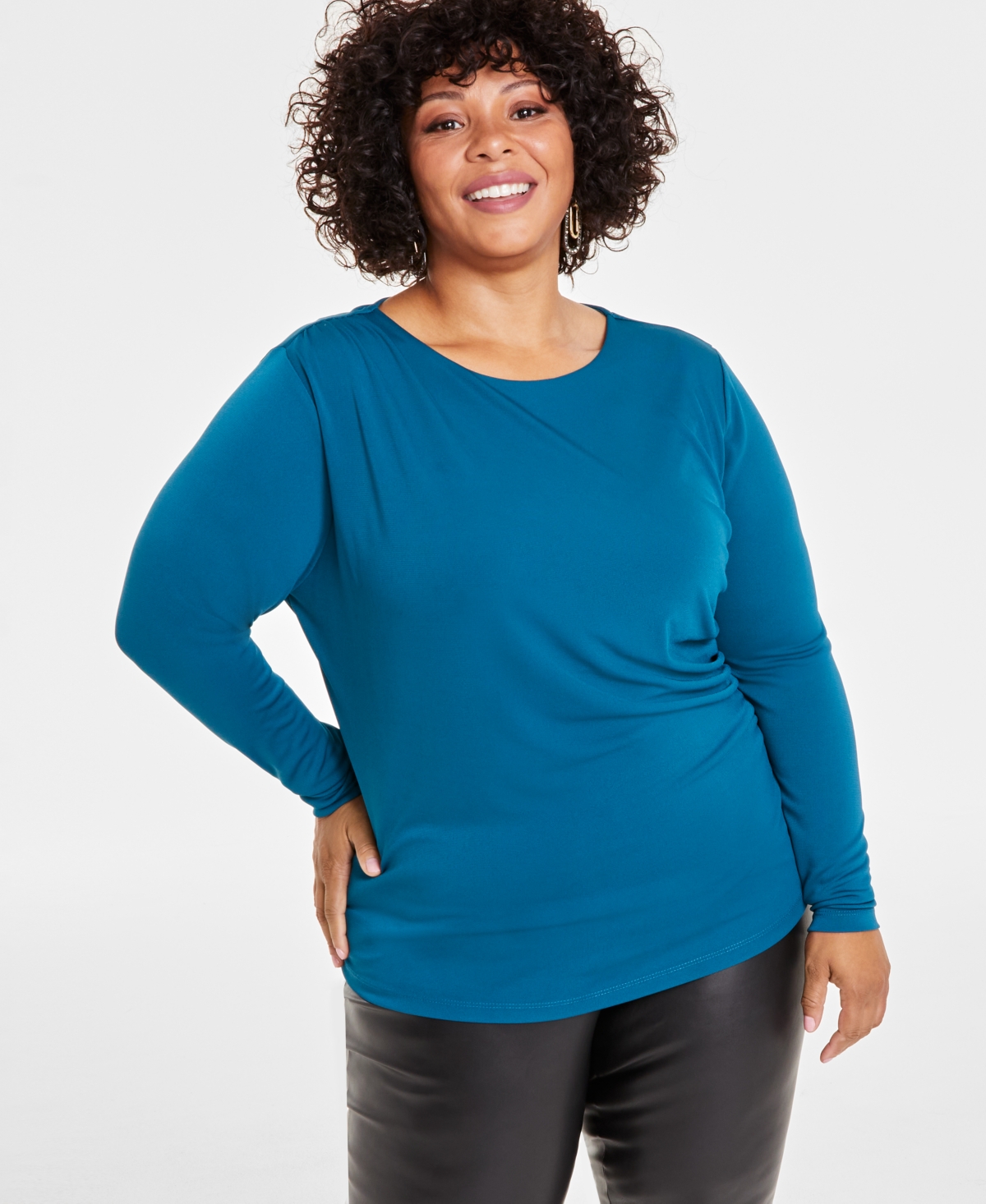 Inc International Concepts Inc Plus Size Drape-front Long-sleeve Top, Created For Macy's In Mosaic Green