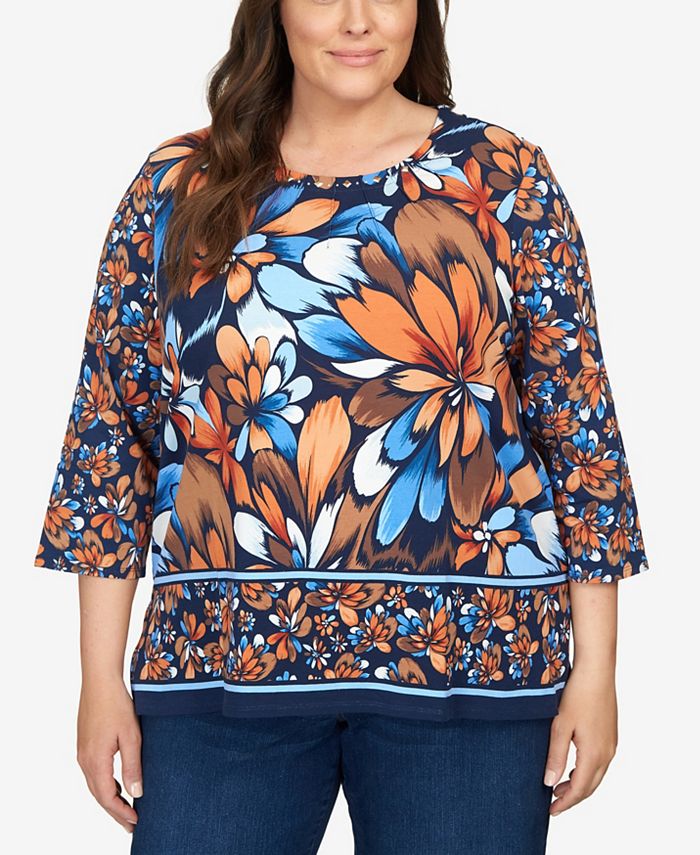 Alfred Dunner Plus Size Autumn Weekend Floral Border 3/4 Sleeve Top ...