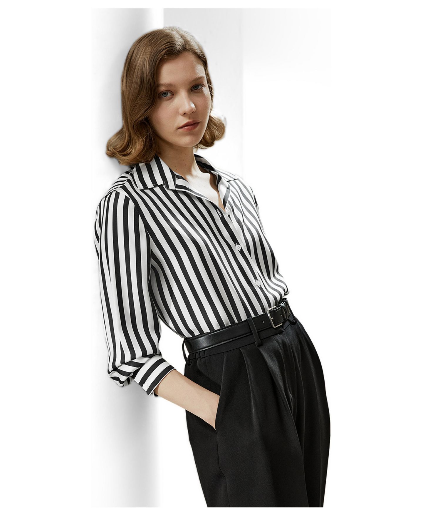 Женская рубашка LILYSILK Classic Striped Silk Regular Fit, цвет: Чёрный белый — фото 3