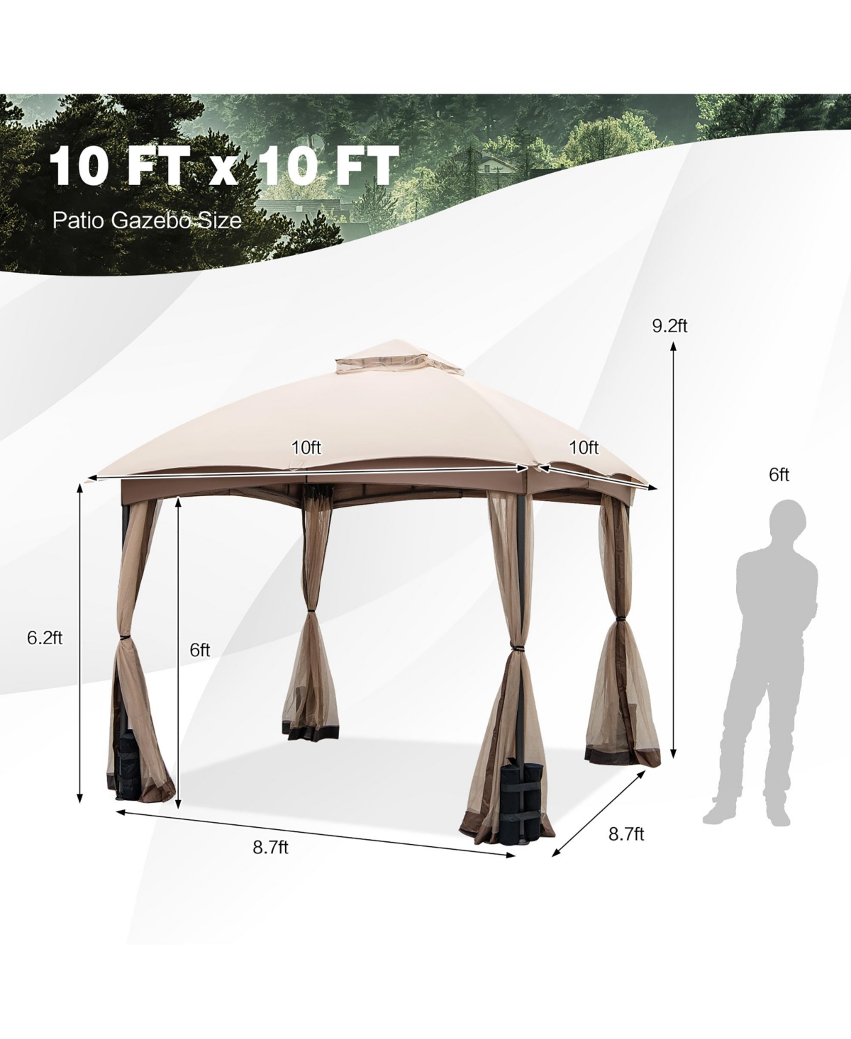 Costway 10x10 Ft 2-Tier Patio Gazebo Canopy Netting Heavy-Duty Metal Easy-Setup Outdoor