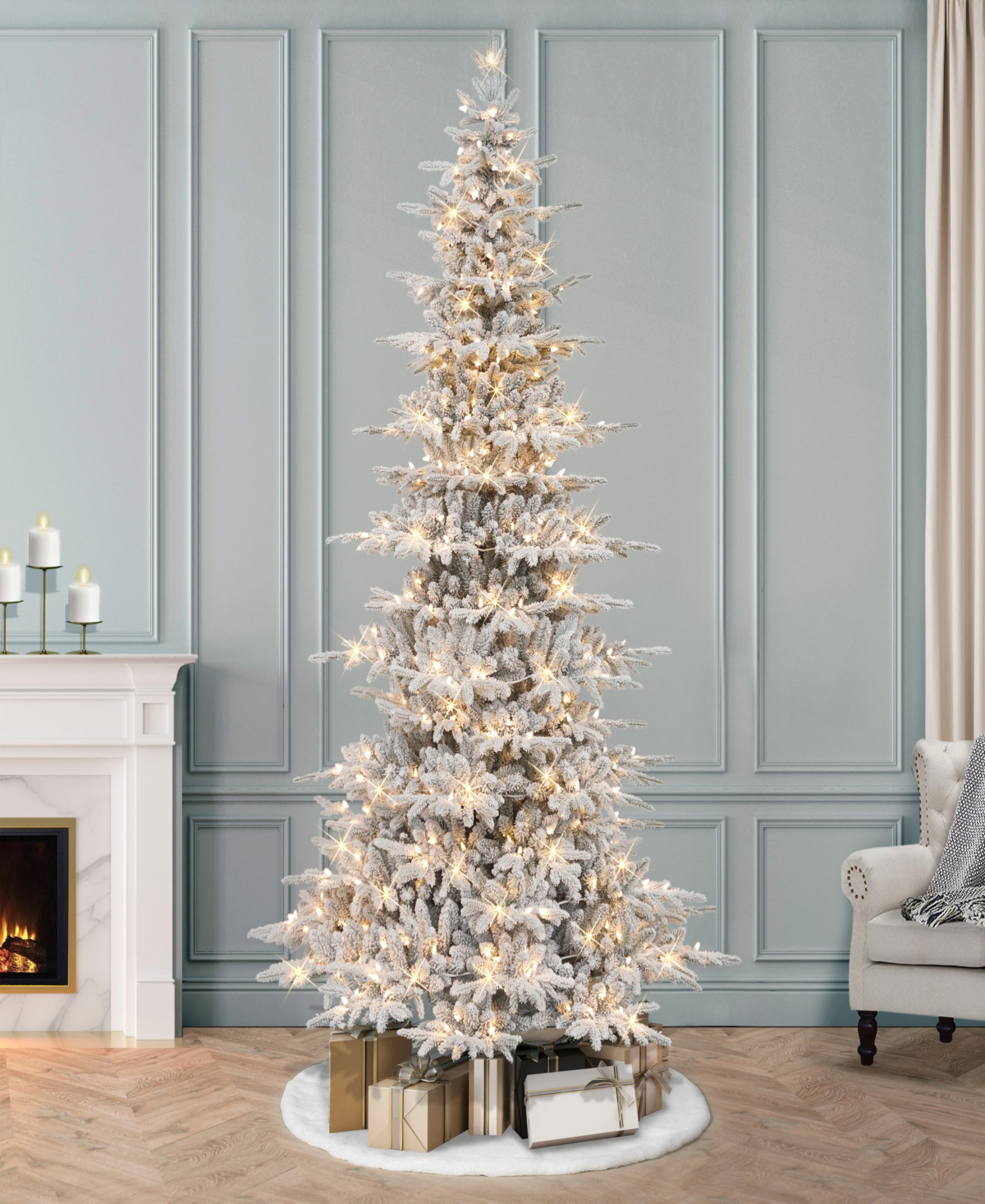 Puleo 9' Pre-lit Slim Flocked Artificial Utah Fir Tree In Green