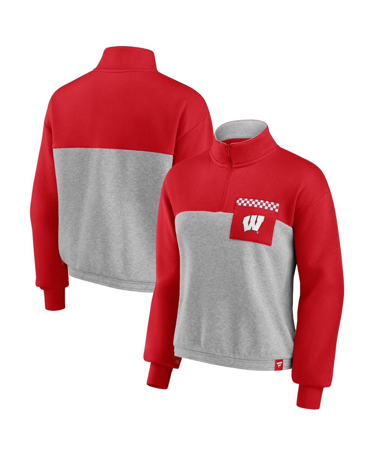 Women's Fanatics Red, Heathered Gray Wisconsin Badgers Sideline to Sideline Colorblock Quarter-Zip Jacket - Red, Heathered Gray