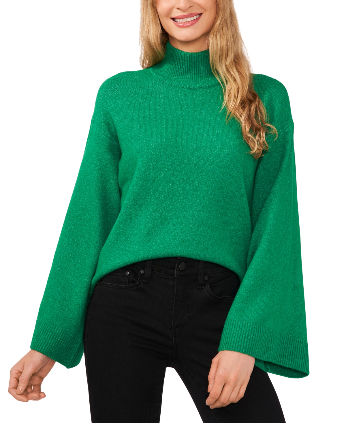 CeCe Women's Mock Neck Bell-Sleeve Sweater Electric Green