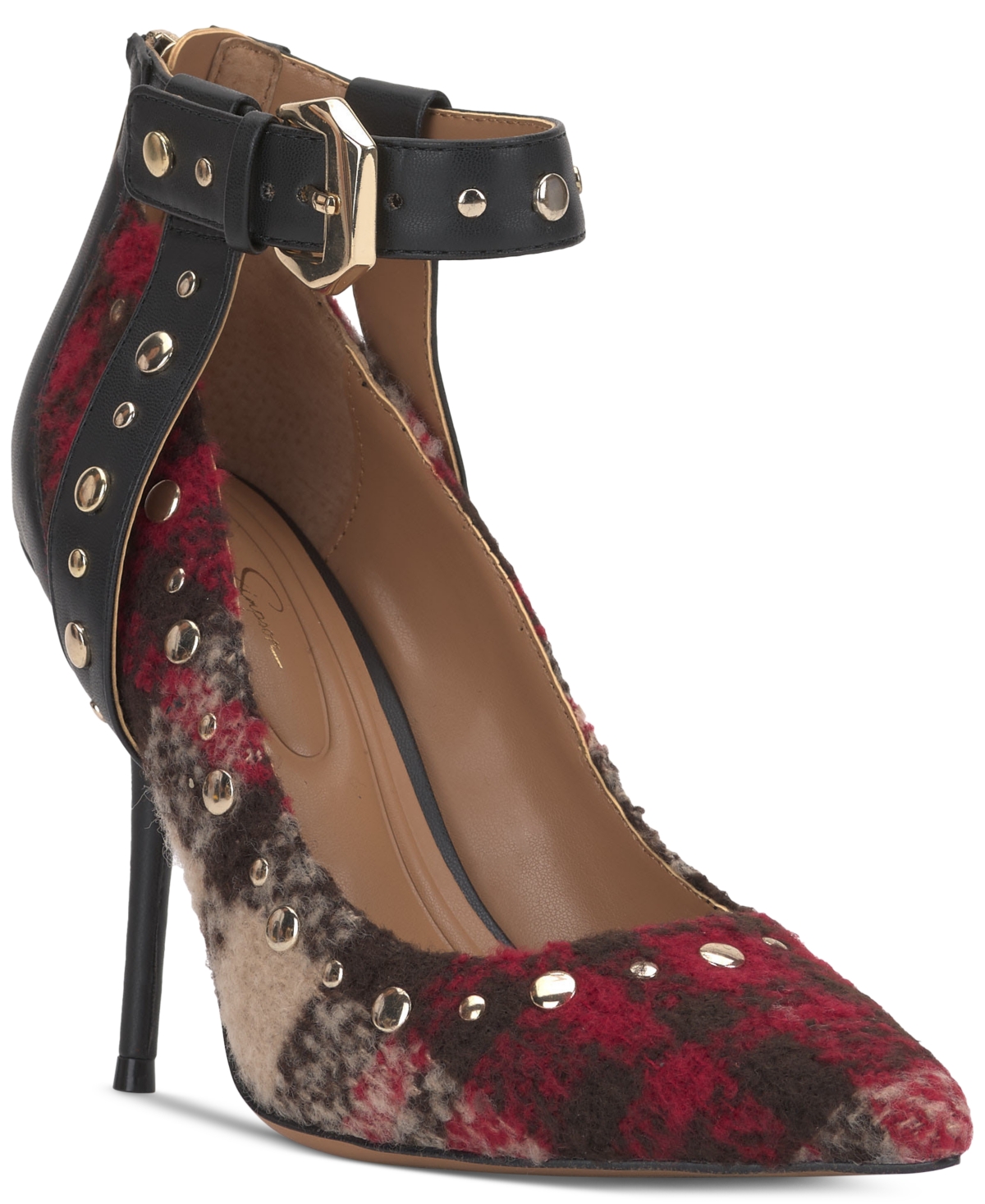 Shop Jessica Simpson Hinjosa Studded High Heel Pumps In Red,natural Textile,faux Leather
