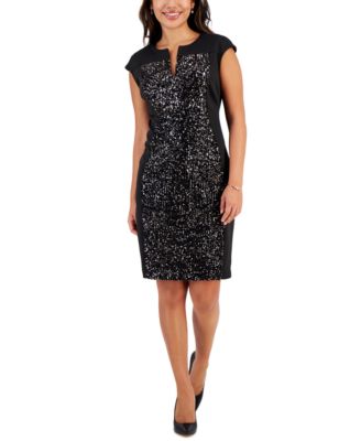 Connected - Petite Cap-Sleeve Sequin-Front Sheath Dress