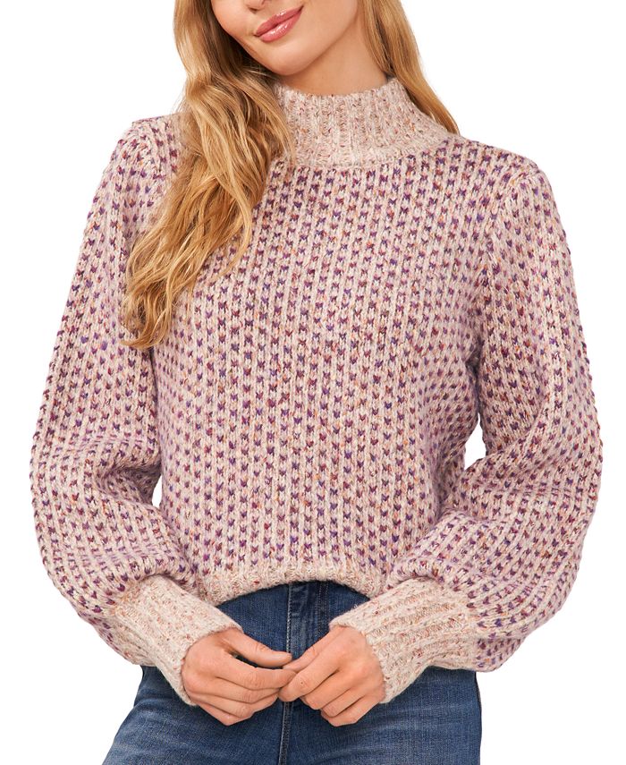 CeCe Women's Marled Blouson Sleeve Jacquard Knit Mock Neck Sweater