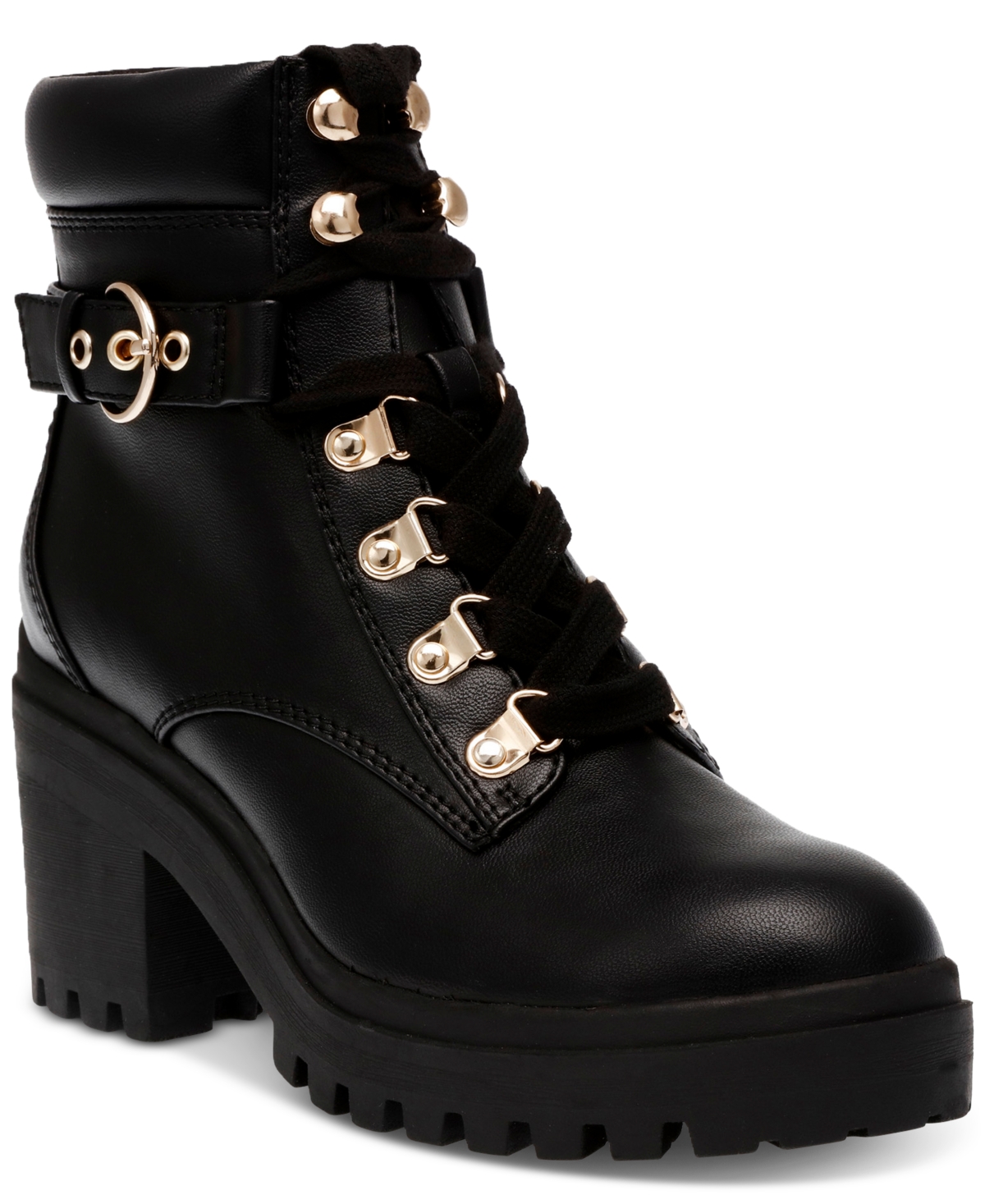 Wild Pair Women's Bridgitt Lace-up Side-zip Lug-sole Booties, Created For Macy's In Black Smooth