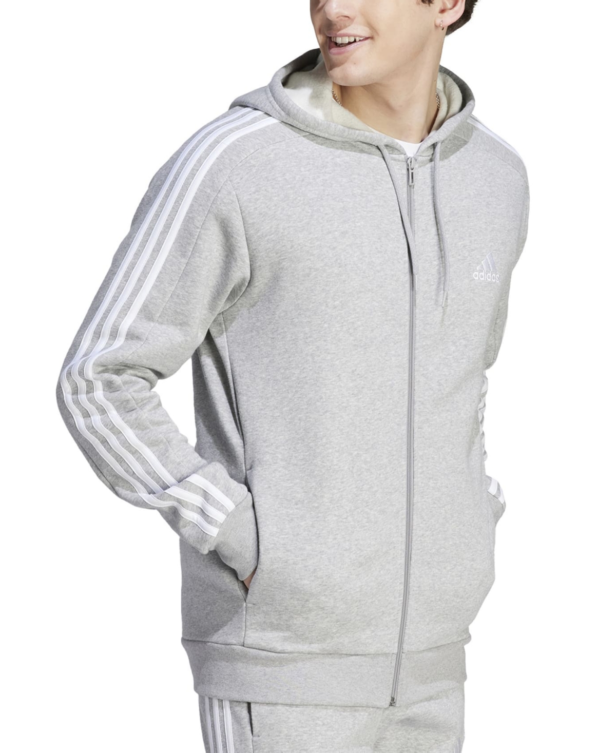 Adidas Originals Men's Essentials 3-stripes Regular-fit Full-zip Fleece Hoodie, Regular & Big & Tall In Mgh,wht