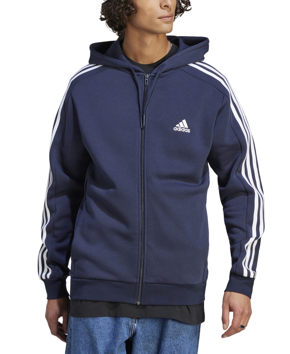 Shop Adidas Originals Men's Essentials 3-stripes Regular-fit Full-zip Fleece Hoodie, Regular & Big & Tall In Leg Ink,wht