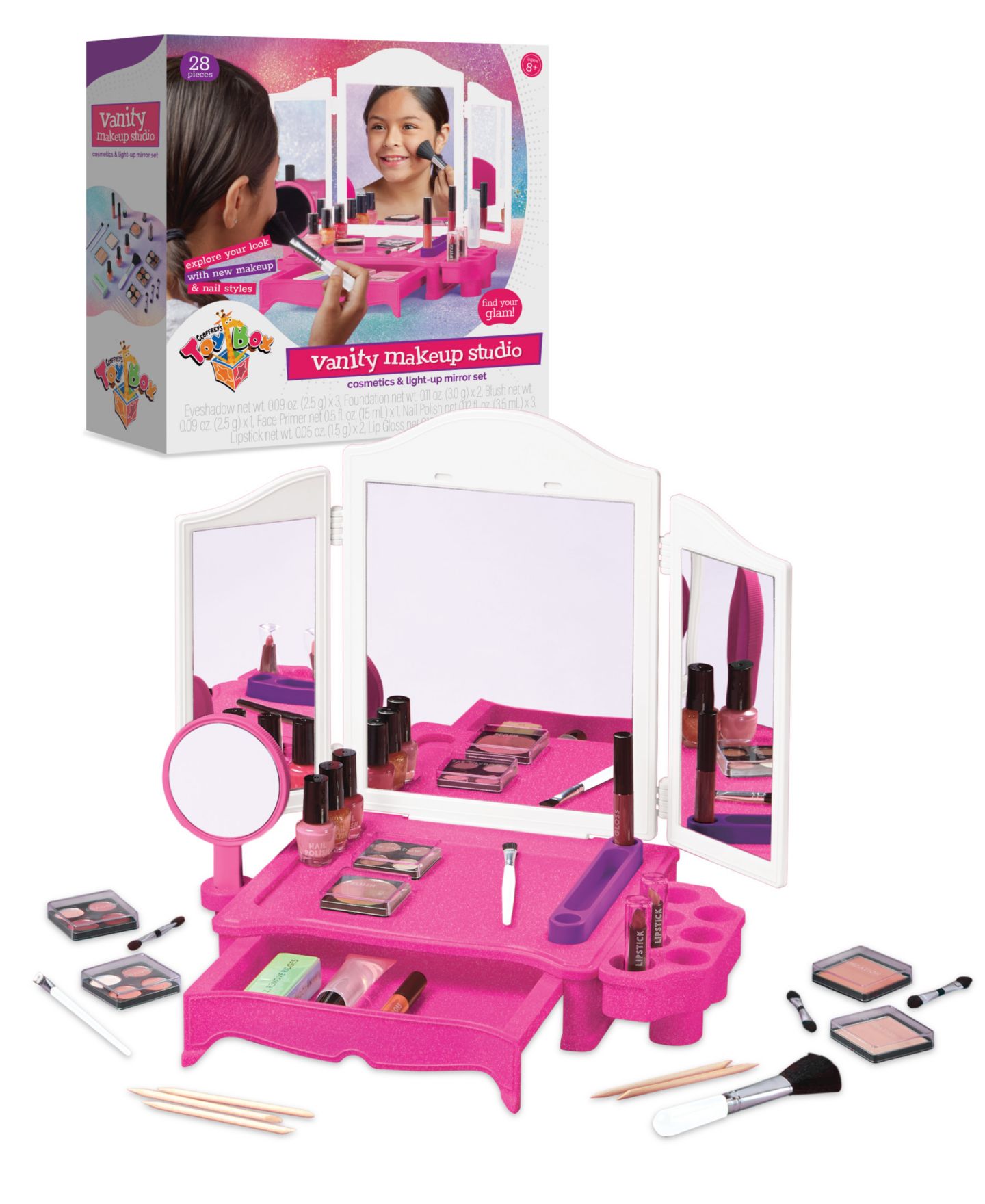 Детские игрушки Geoffrey's Toy Box LED-Lit Tri-Panel Mirror 28-Piece Vanity Makeup Set, Ages 8+ — фото 1