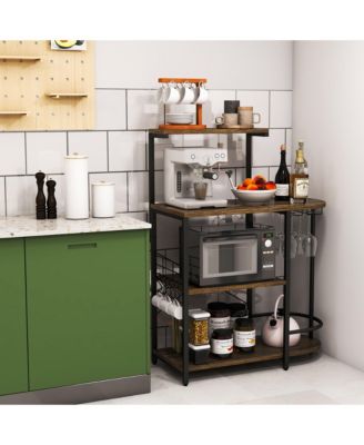 Kitchen Bakers Rack Microwave Stand Coffee Bar w/ S-Hooks & Stemware Holder