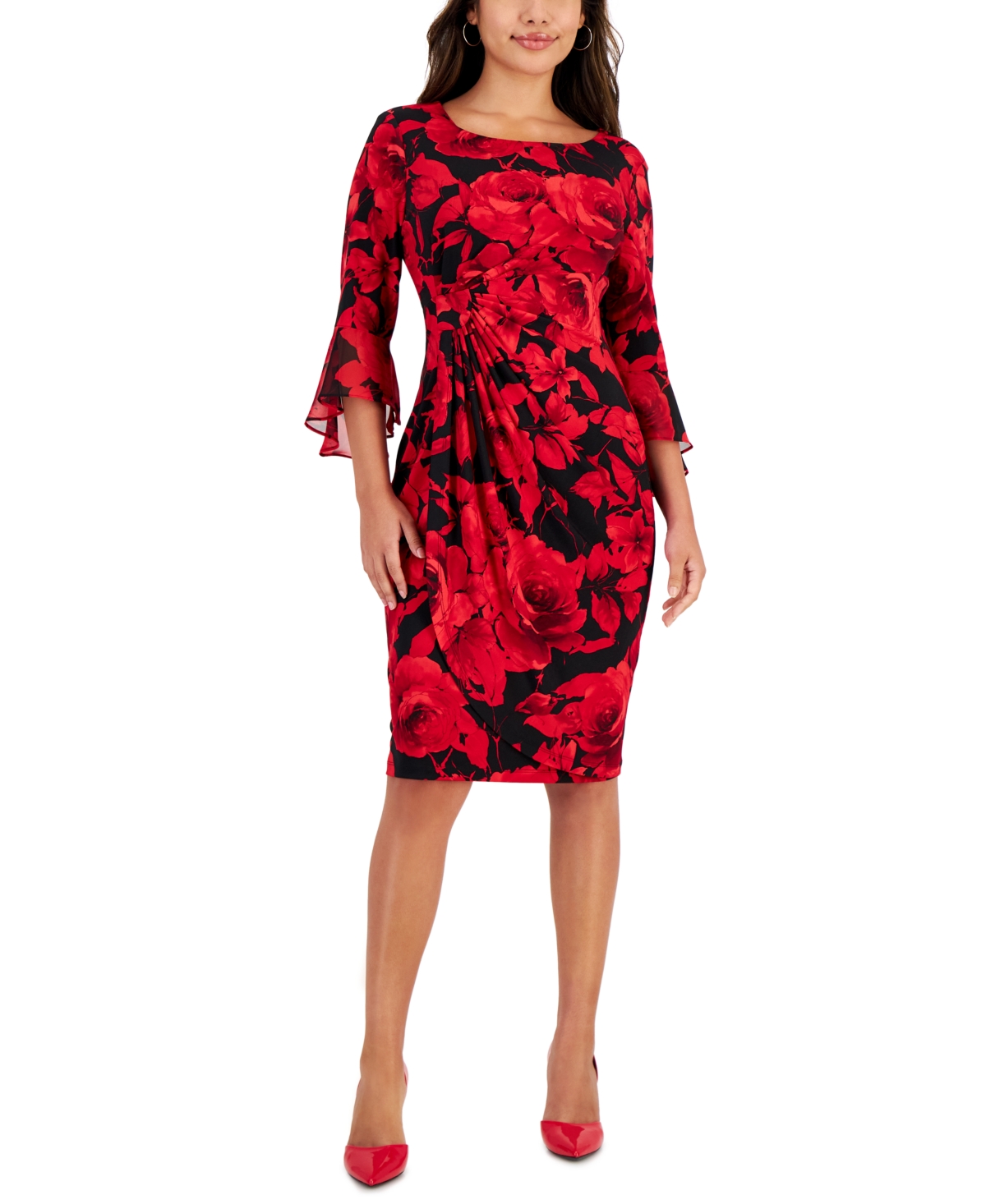 Connected Petite Floral-print Side-tab Sheath Dress In Red
