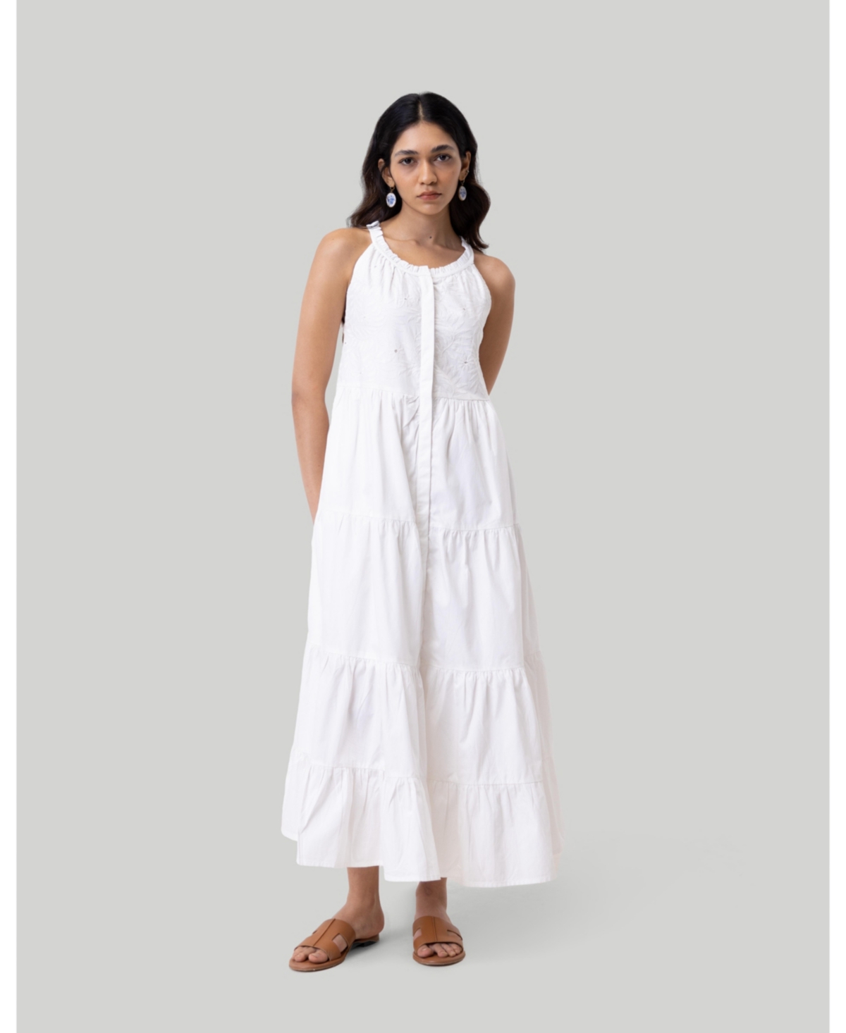 Women's Sleeveless embroidered tiered maxi dress - White