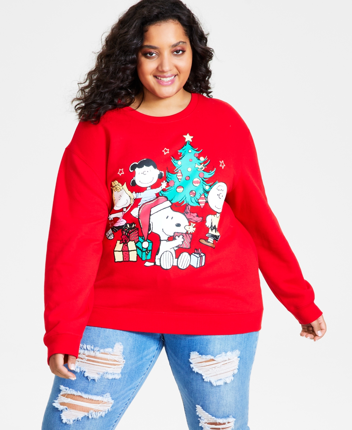 Love Tribe Trendy Plus Size Peanuts Gang Christmas Sweatshirt In Red