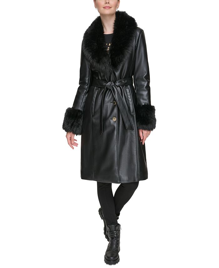 KARL LAGERFELD PARIS Women's Faux-Fur-Trim Faux-Leather Coat - Macy's