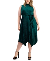 Tahari Asl Plus Size Pleated-Skirt Crushed Velvet Midi Dress - Teal