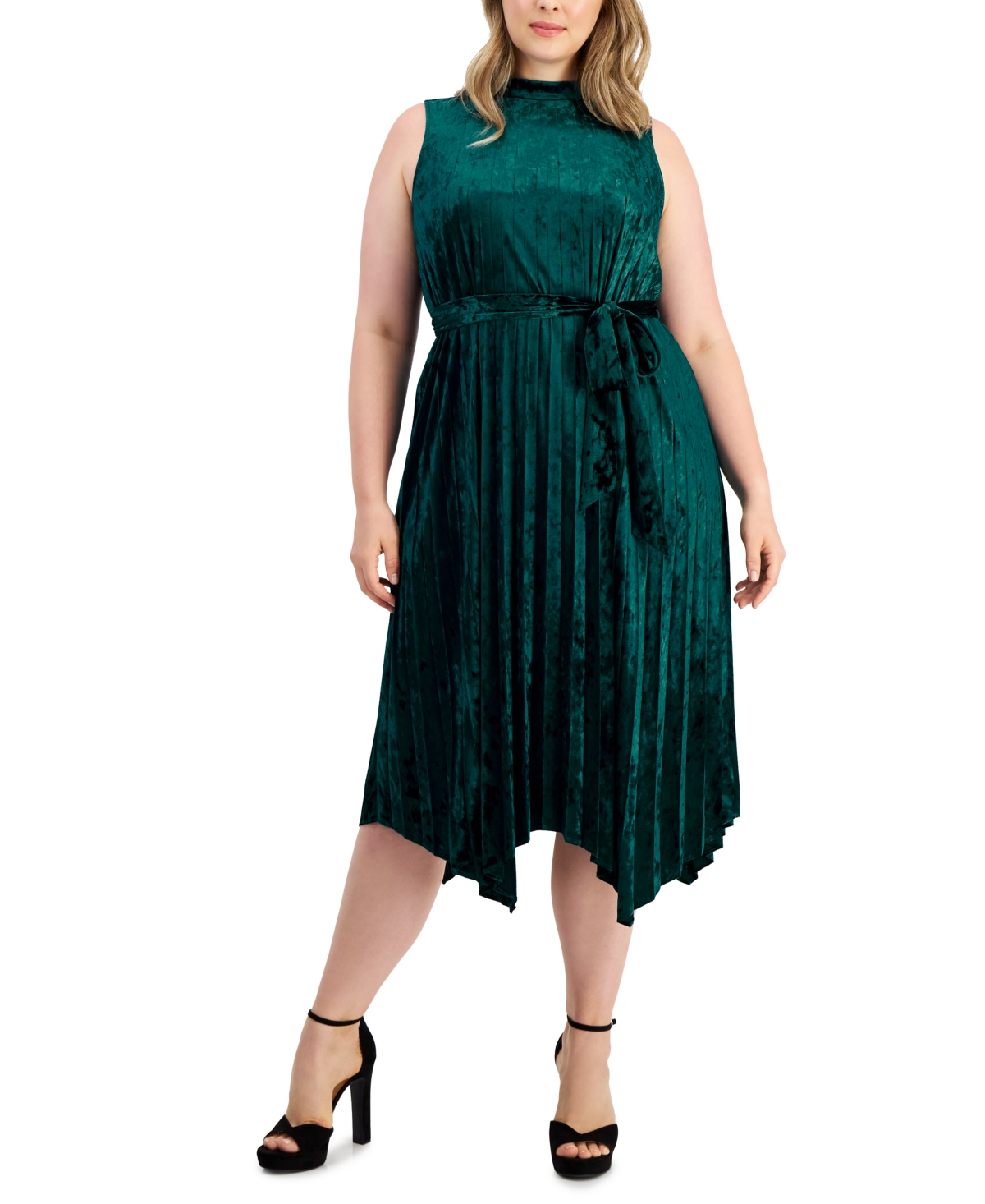 Asl Plus Size Pleated-Skirt Crushed Velvet Midi Dress - Teal