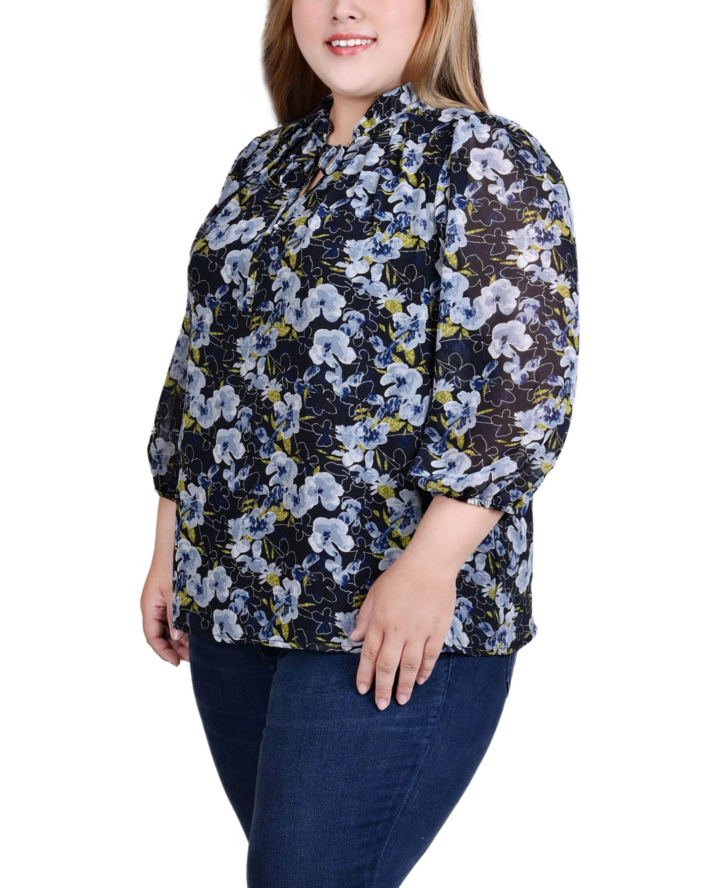 Женская блузка NY Collection Plus Size 3/4 Sleeve Chiffon, цвет: Чёрный с принтом — фото 3