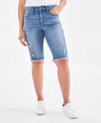 Petite Embroidered Raw-Edge Denim Bermuda Shorts, Created for Macy's